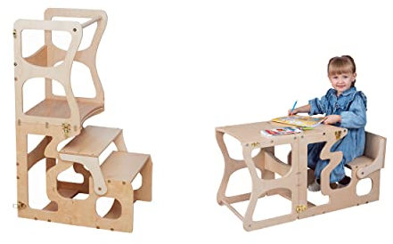 WoodandHearts Lernturm, Hergestellt in der Ukraine, Lernturm klappbar, 2-in-1-Multifunktionaler lernturm ab 1 Jahr, Kinder tritthocker Holz, Montessori Küchen-Tritthocker für Kinder