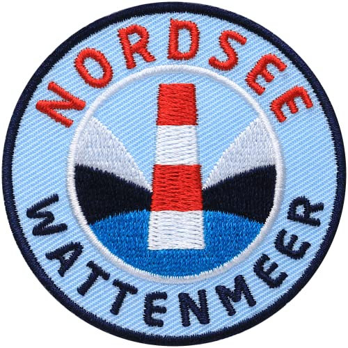 2 x Nordsee Wattenmeer 62 mm gestickt/Patch Patches Abzeichen Aufbügler Aufnäher Bügel-Flicken Applikation zum Aufbügeln Aufnähen auf Kleidung Rucksack/Leuchtturm Meer Strand Küste Urlaub