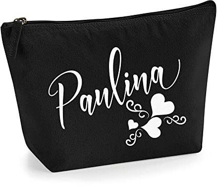Personalisiert Name Initialen Text 3 Herz Wirbel Kosmetiktasche Damen Schminktasche für Handtasche Makeup Tasche - Glitter oder Flocke Material Druck - Weiße Flocke - S | Schwarz