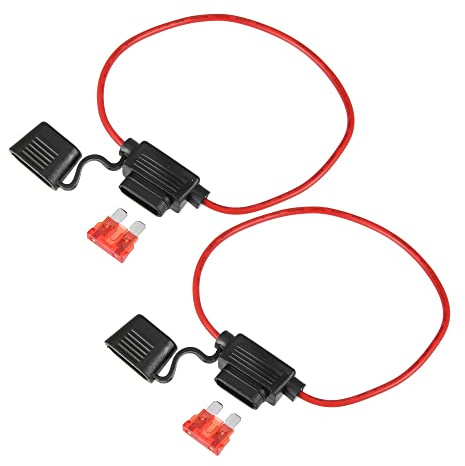 A ABSOPRO Auto Inline Sicherungshalter 16 Gauge Mit 10A Sicherung 2 Stück | Rot Schwarz, Kunststoff Gummi Metall, Kabel 27cm, Gehäuse 4x3.7x1.2cm, Wasserdicht, Kompatibel Mit ATC/Standard Blade