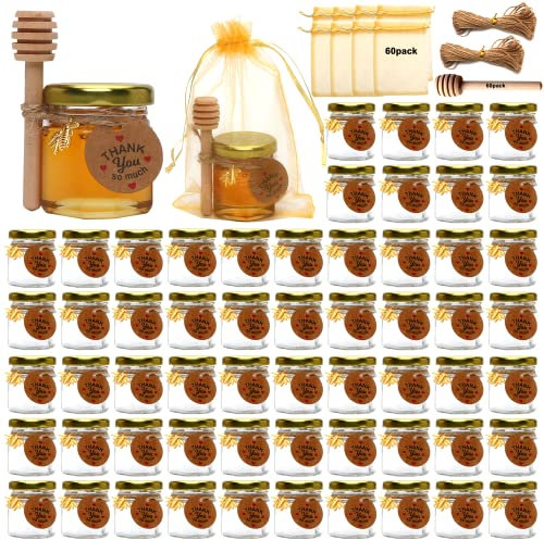 XING-RUIYANG 60 PACK 1.5 oz Mini Glass Honey Jar, Small Hexagonal Honey Jars with Wooden Dipper Gold Lid Bee Charms Gold Gift Bags and Rope for Baby Shower Wedding Party Favors