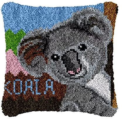 ROCKY&CHAO Knüpfteppich Zum Selber Knüpf-Sets mit Kissen knüpfen-Set 43x43cm Kissenbezug-Set für Erwachsene und Kinder Latch Hook Kit Heimaccessoire (Koala)