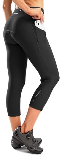 BIKEWA Damen 4D Gepolsterte Fahrradhose Hohe Taille Radfahren Shorts Fahrrad Capris 3/4 Radfahren Spin Tights mit Reißverschlusstaschen, Schwarz, Mittel