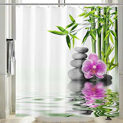 Vgzsyomqib 3D Zen Duschvorhang Antischimmel Wasserdicht für Badewanne Natur Orchidee Stoff Vorhang Shower Curtains 240x200 Lang Grün Bambus Weiß Duschvorhänge Waschbar Textil mit Haken