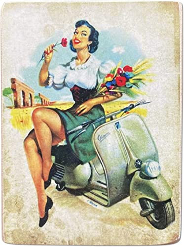 KUSTOM ART Magnet (Magnet) Serie Scooter Vespa Mädchen Pin Up auf Motorroller im Vintage-Stil für Kühlschrank/Garage/Bar. Druck auf Holz 10 x 6 cm
