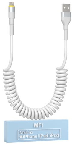 Cavo Smartphone Corto per Apple Carplay[Certificato Apple MFi], Cavo Lightning a Spirale Con luce LED, Caricabatterie Retrattile Cavo Smartphone Spirale con Sincronizzazione Dati per Phone/Pad/Pod