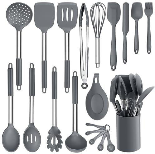 HaWare Küchenutensilien Set, 20 Stück Küchenhelfer Kochbesteck Set, Silikon Kochgeschirr Kochutensilien mit Edelstahlgriff, Hitzebeständiges Küchenset mit Utensilienhalter, Spülmaschinenfest - Grau