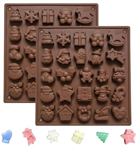 2 Pack Christmas Chocolate Moulds, 2 X 25-Cavity Xmas Silicone Non-Stick Chocolate Mould for DIY Baking, Candy Jelly Mould Pudding Fondant Decoration Cake Chocolate Christmas Decorations Xmas Party
