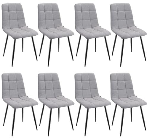 WAFTING Esszimmerstühle 8er Set, Gepolsterter Stuhl mit Hoher Rückenlehne und Leinendesign, Esstischstühle mit Metallfuß, für Esszimmer, Wohnzimmer, Küche, Schlafzimmer und Empfangsraum, Grau