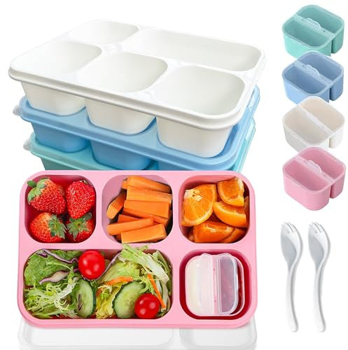 MEEYUU 4 Pack 1300ML Bento Lunch Box for Adults and Kids, 5 Compartment Adult Lunchable Containers with Utensils, Reusable Food Storage Containers with Transparent Lids, Microwaveable (4 Colors)