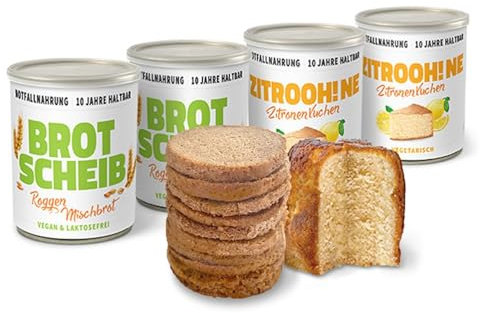 ration1 Probierpaket Dosenbrot 2x 350g und Dosenkuchen 2x 360g, Zitronenkuchen, Roggen-Mischbrot, fertig gebacken, Kuchen & Brot zum Wandern, Camping, Outdoor, als Notfallnahrung, 10 Jahre haltbar