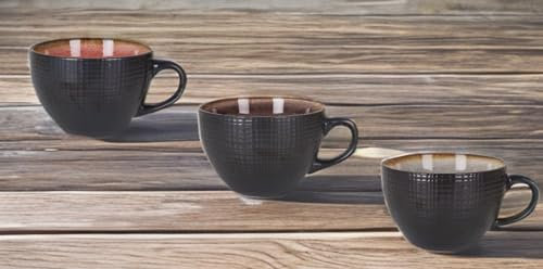 Juego de 3 Tazas de Cafe o Té | Tazas de Cerámica Negro Mate exterior - 3 colores interiores diferentes | Set de Cafe Grande, Americano - Para Hogar, Oficina o Hosteleria | Desayuno (Latte - 425ml)