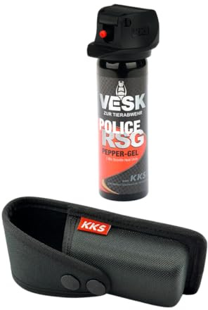 Pfefferspray + Holster - VESK RSG-Police 50ml/63ml + Hartschalen-Holster passend für 40-63ml Pfefferspray - Bundle: hochwertiges VESK Pfefferspray + hochwertiges Holster