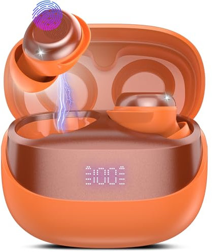 DUSONLAP Wireless Earbuds, Bluetooth 5.4 Headphones In Ear Noise Cancelling Earphones, 47H Playtime Mini Sleep Earbuds with LED Display, Touch Control, IPX7 Waterproof Ear Buds, USB-C, Orange