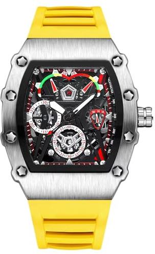 RORIOS Tonneau Armbanduhren für Herren Mode Sport Edelstahl Uhr Mode Quarz Uhr Leuchtend Analog Herrenuhr Sport Edelstahl Uhren mit Silikon Armband Gelb