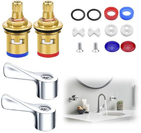 NIYATA Ceramic Tap Cartridge 1/4 Turn 20 Spline, 2 Universal Tap Cartridge Replacement,Mixer Tap Valve,with Hot and Cold Tap Inserts,Durable Tap Washers and Replacement Tap Tops for Kitchen