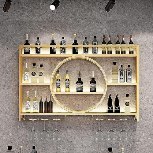 Porte-Bouteilles Mural avec Porte-Verre, Casier à Vin en MéTal, Bars Modernes Porte-Vin éTagèRes Flottantes en Verre, Etagere Murale Range Bouteille Vin pour Cuisines, Bar (Gold,140x15x80cm)