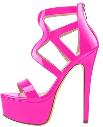 blingqueen Crisscross Strappy Heels Sandals Stiletto Heels Ankle Strap Heel Pink Platform Gladiator Sandals Zip Up Heeled Sandals Patent Leather Slingback Backless Sexy 6 Inch Heel for Women UK 6