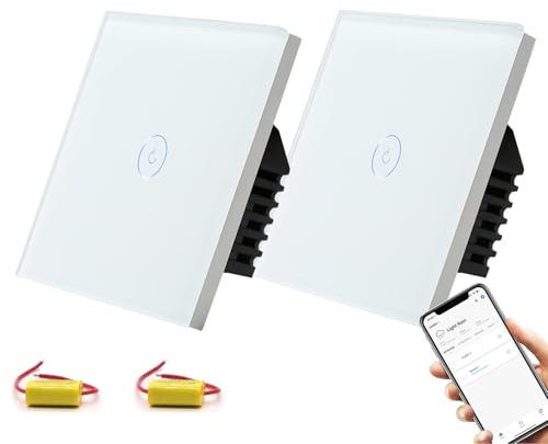 BSEED Smart Interruptor, WiFi Interruptor 1 Gang 2 Vías Funciona con Alexa y Google Home, Interruptor Táctil con Control Smart Life y Función de Temporización Blanco(SIN cable neutro)2 Piezas