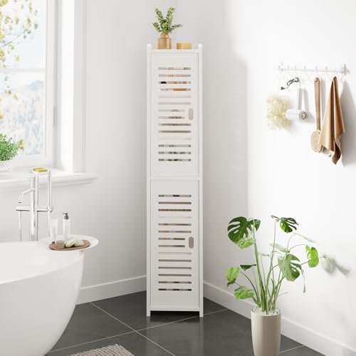 Dripex 7 Tier Bathroom Floor Cabinet, Slim White Storage Cabinet with Door, Narrow Free Standing Cupboards Adjustable Shelves for Bathroom, Bedroom or Balcony (Door Style 2)