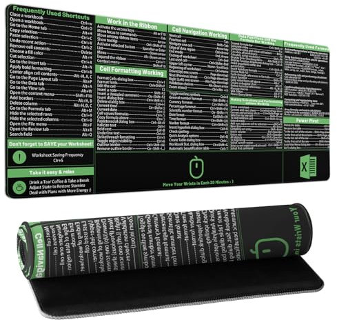 Tapis de souris Excel avec touches de raccourci - Taille XL - 80 x 30 cm - Tapis de clavier avec bords cousus antidérapants - Tapis de bureau pour ordinateur de jeu avec bords cousus antidérapants