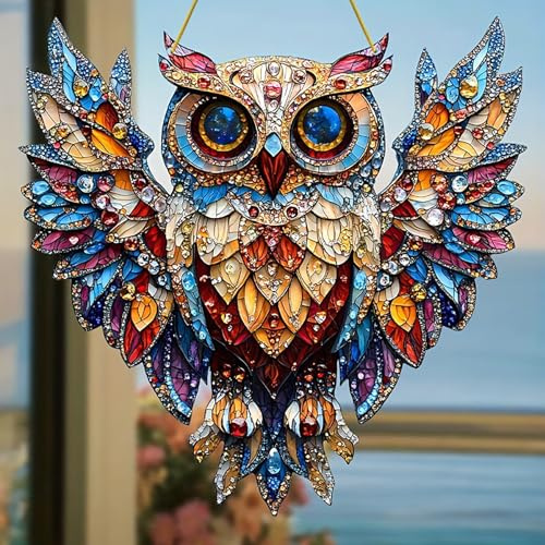 Bunte Edelstein-Eule aus Glas, 2D-Dekorationsanhänger aus Acryl, farbiges Hängeornament und Blickfang, ideal als Randdekoration und Accessoire HäNgende Deko (Blue, 20X18cm)