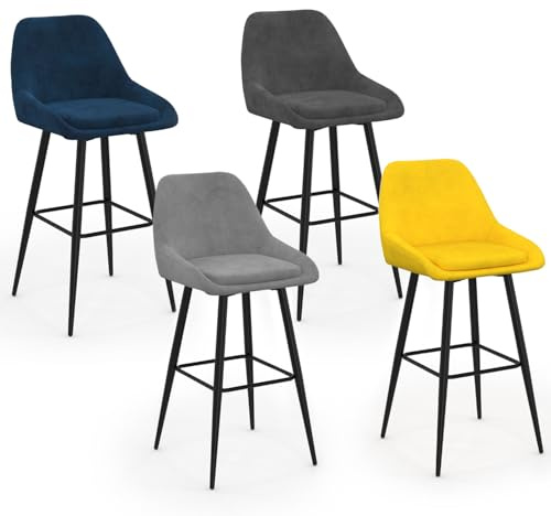 IDMarket - Set aus 4 Barhockern THALYA aus Samt Mix Color blau, hellgrau, dunkelgrau, gelb