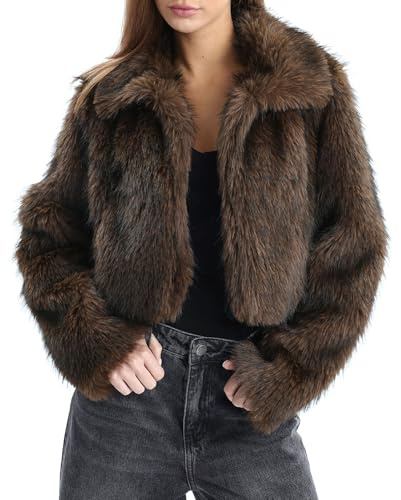 Amazhiyu Manteau en fourrure synthétique pour femme - Veste en fourrure synthétique - Veste courte en peluche - Veste d'hiver en fausse fourrure - Col ouvert avec poches