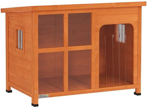 PawHut Caseta para Perros Exterior Casa para Perros Pequeños y Medianos con Techo Asfáltico Abatible Puerta con Cortina Panel Frontal Transparente y Base Extraíble 90x62x71 cm Natural
