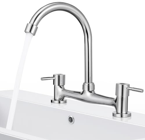 DOITOOL Grifo De Agua Para Fregadero De Cocina Con Diseño De Doble Orificio Acabado Elegante Aspersor Giratorio Mango Ergonómico Para Control Fácil De Temperatura Mezcladora Para Lavabo y