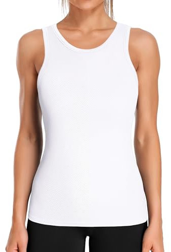 Charmo Sport Top Damen Nahtlose Sportshirt Geripptes Yoga Oberteil Fitness Lauftop Wandershirt Gym Shirt Tanktops Frauen(Weiß,M)