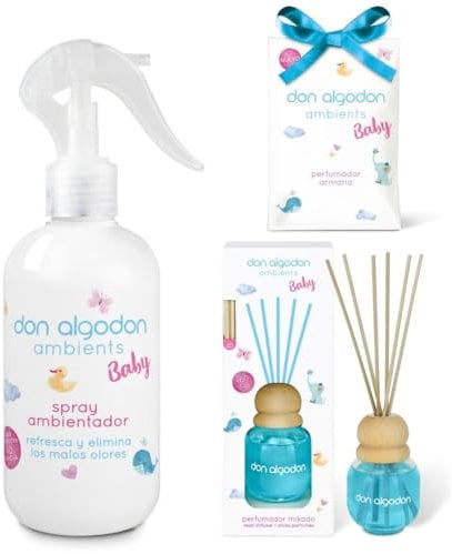 TIENDIFY - Pack 3 Ambientadores Don Algodón Baby | Mikado, Spray y Armario | Fragancia Suave para Bebé, Tejidos y Habitaciones | No Mancha, Absorbe Olores, Duración Larga