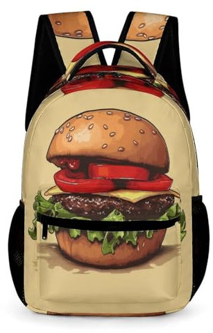 WECECE Rucksack Burger-Muster Schultasche Für Kinder Von 8 Bis 11 Jahren Schulranzen Mit Lebensmittel-Muster 1 Klasse Leichter Reise Outdoor Freizeit