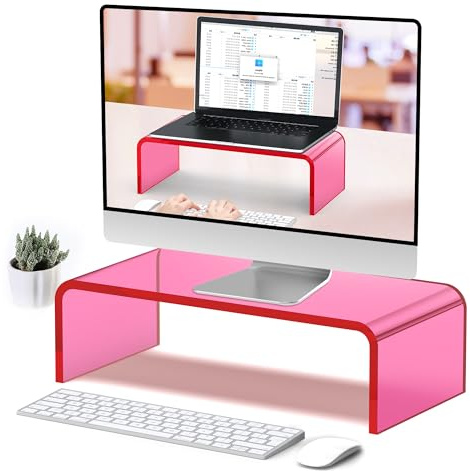 Beimu Acrylic Monitor Stand Riser Pink Laptop Stand Riser L15 xW7.5 xH4 | PC Holder,Compatible with All Notebooks and Monitor, Decoration for Office & Home,Pink Aesthetic Design,Office Supplies