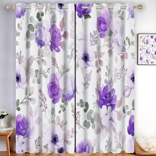 MLSOWM Romantic Flowers Blackout Curtains, Purple Hydrangea Drop Curtains 2 Panels W 46 x L 90, Thermal Eyelet Drapes Window Treatments for Bedroom living Room, Purple