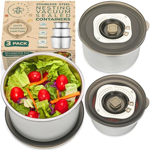 Everusely Vacuum Sealed Food Containers with Date Marking - Set of 3 Airtight Stainless Steel Metal Lunch Storage with Translucent Lids - Leakproof & Food Grade - Kitchen Nesting Bowls