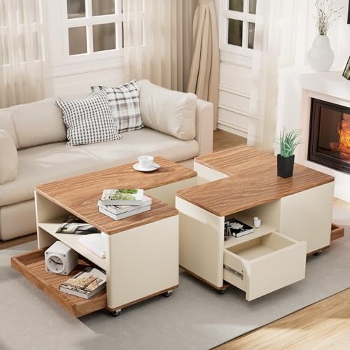 Couchtisch mit Rollen Holz Wohnzimmertisch, Kaffeetisch mit 2 Schubladen, Multifunktionaler Beistelltisch, Stubentisch mit Stauraum, Sofa Tisch, Couch tisch Wohnzimmer Beliebige Kombination, Braun