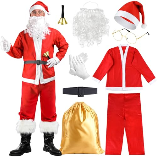 iZoeL Weihnachtsmann kostüm Herren Damen, Weihnachtsmann Bart Mütze Handschuhe Gürtel Weihnachtsmann Tasche Brille Weihnachtskostüm Accessories, Herren Damen Weihnachtsmann Anzug(L-XXL)