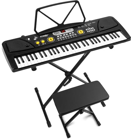 MAX KD61 - Pack de teclado infantil negro con soporte y banqueta | 61 teclas con batería recargable, micrófono y display LED, ritmos, acordes y funciones de aprendizaje incluidas