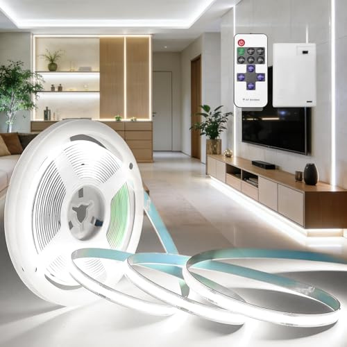 BRIMETI LED Streifen Batterie 3M COB Weiß 6000K Dimmbar 320LEDs/M Batteriebetrieben 5V LED Strip mit Fernbedienung Selbstklebend Lichtband Flexibel DIY für Zuhause Beleuchtung Küche Schlafzimmer