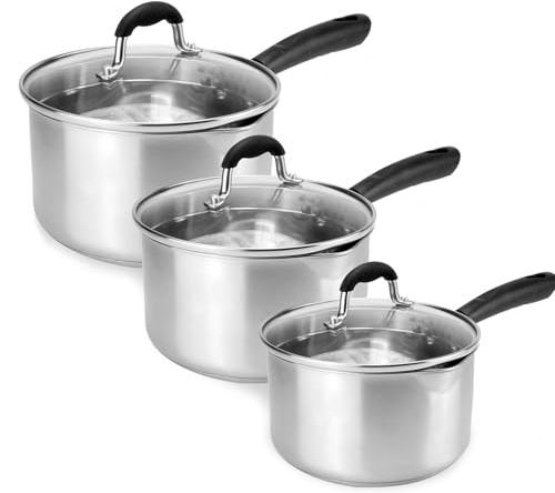Stainless Steel Saucepan Set, 3 Piece Cooking Pan Cookware Pots | Cooking Pot Saucepans for Gas, Ceramic, Solid-Plate Electric and Induction Hob - Stainless Steel Pan Set for Everyday Use