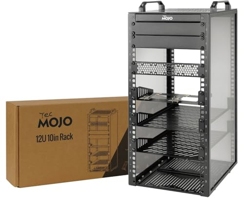 Tecmojo 10 Pollici 12U 260mm Mini Rack Desktop, Armadietto di Rete con Slot SBC, Scheda Adattatore da Micro HDMI a HDMI e Copertura Cieca, per Dispositivi AV, NAS e Server da 10, Nero