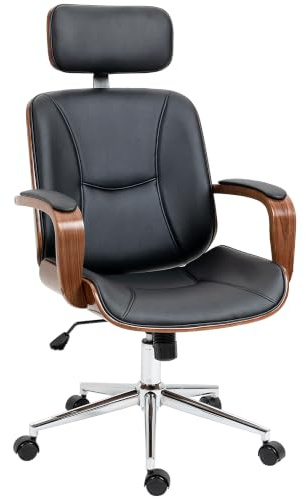 Vinsetto Bürostuhl Ergonomischer Schreibtischstuhl für Home-Office Schwarz | Hohe Rückenlehne, Abnehmbare Kopfstütze, Höhenverstellbarer Drehstuhl, Wippfunktion, Kunstleder