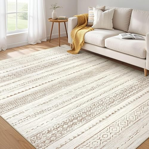 VARIKASHOM Waschbarer Teppich für Dekoration Wohnzimmer, Schlafzimmer, Carpet Room Decor, Modernes, neutrales, geometrisches Muster Beige, Braun Beige, 140 x 200 cm