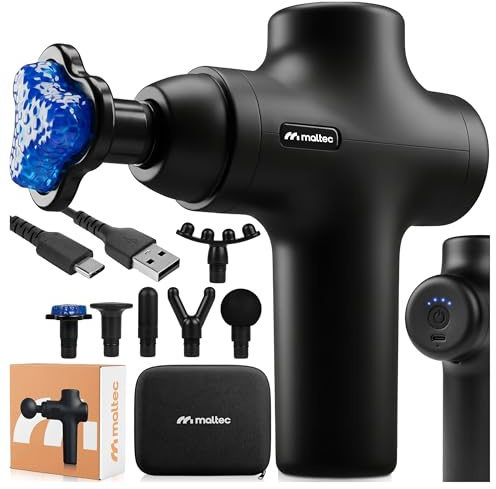 MalTec Massagepistole Muskel Massagegerät, Massage Gun mit 6 Aufsätzen, 4 Geschwindigkeitsstufen, 10 mm Amplitude, leise 45 dB, 2000 mAh Akku, LED-Anzeige, Auto-Off, Koffer BodyBeat Go