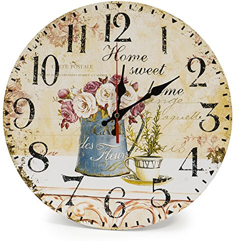 LOHAS Home 12 Zoll/30CM Holz Wanduhr/Küchenuhr im Landhausstil Stille Nicht-tickende für die Küche,Home Office, Wohnzimmer und Schlafzimmer (Cafe & Blumen)