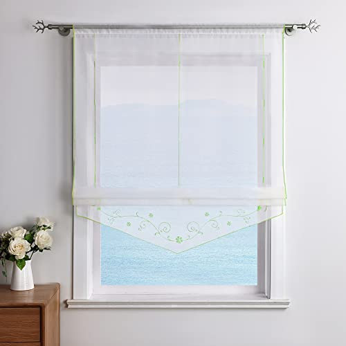 ESLIR Raffrollo mit Schlaufen Raffgardinen Gardinen Küche Transparent Schlaufenrollo Vorhänge Bestickt Modern Voile Grün BxH 100x140cm 1 Stück