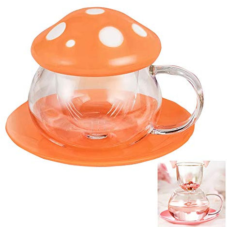 Niedliche Pilz Teetassen mit Teesieb und Pilzlöffel, Lieb Glas-Teetasse und Untertassenset, Kaffeebecher mit Griff, Ideale Geschenk für Mädchen und Frauen, Für Zuhause und Büro, 290ml/9.6oz (Orange)