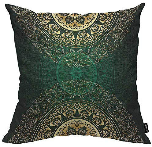 HOSNYE Vintage Floral Background Cotton Linen Throw Pillow Case Luxury Green Gold Pillow Covers Home Sofa Decorative 18 X 18 Inch