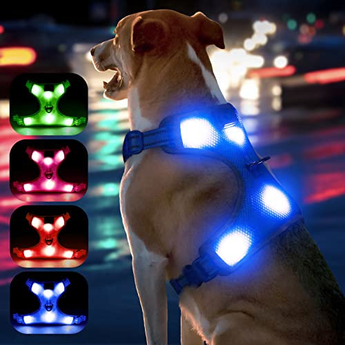 YFbrite Leuchtendes Hundegeschirr, wiederaufladbares USB-LED-Hundegeschirr, reflektierendes Hundegeschirr, Hundelichter für Geschirr, bequem, verstellbar, atmungsaktiv, Hundehandpresse (blau, klein)